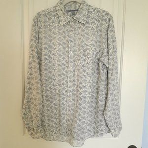 Martin Gordon Linen Long Sleeve Button Up Shirt White Blue & Black Print Size L